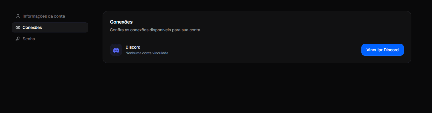 Seção Conexões de Minha conta no site Hyze, com a mensagem Nenhuma conta vinculada e o botão Vincular Discord.